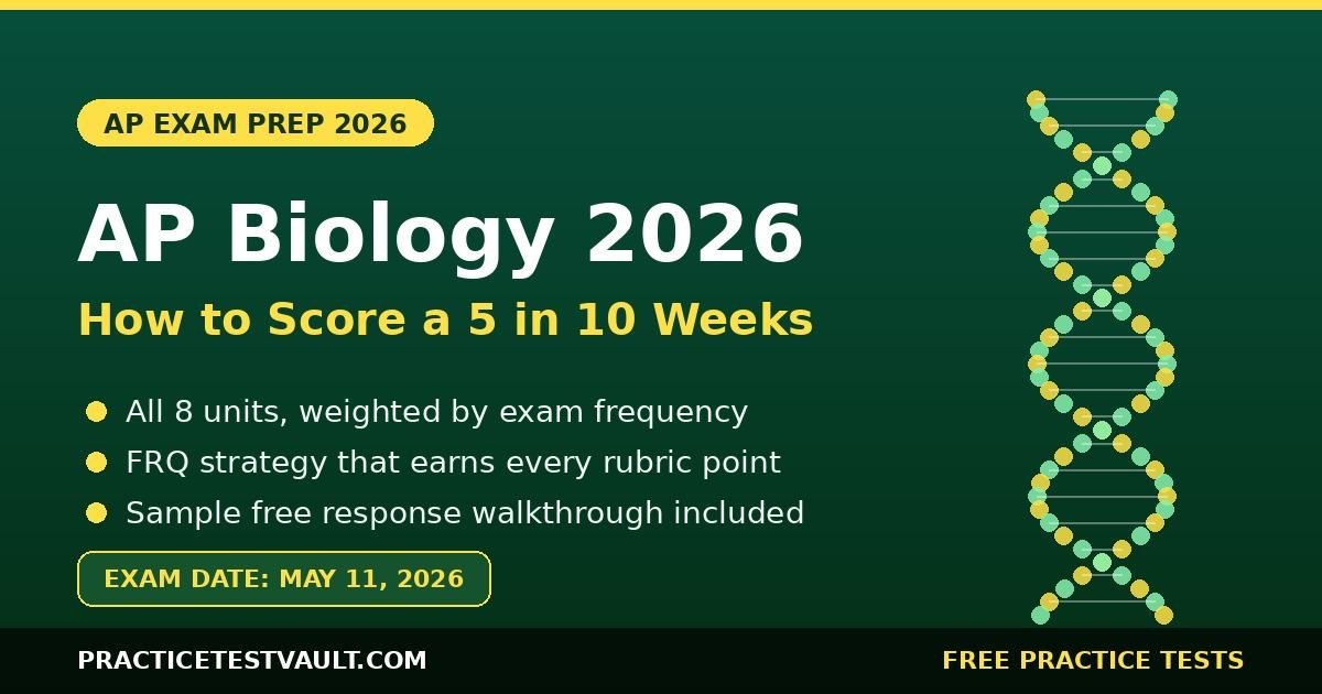 AP Biology Exam 2026 study guide cover with DNA helix and how to score a 5 in 10 weeks