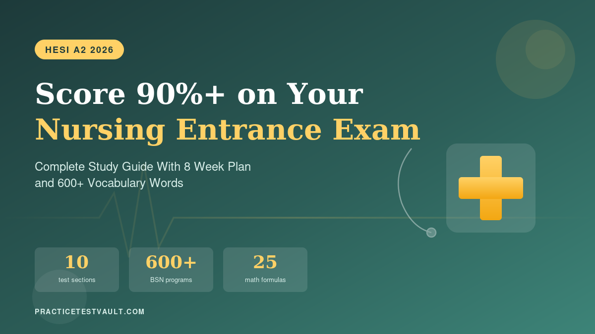 HESI A2 Exam 2026 study guide cover with medical cross and heartbeat