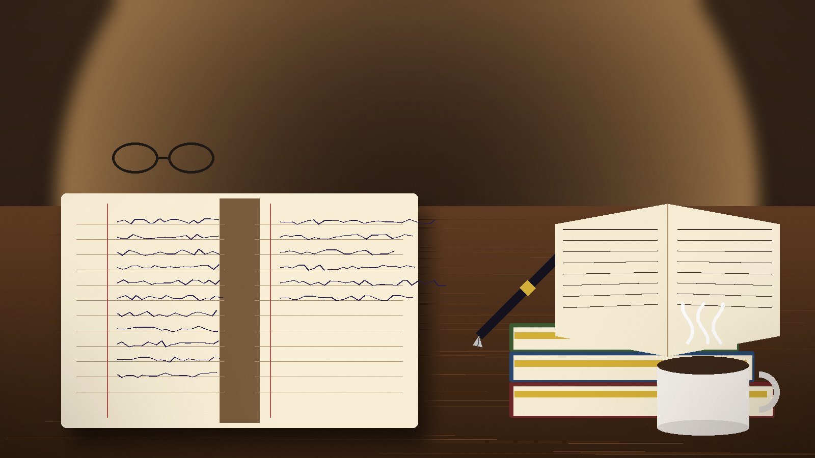 Open notebook with handwritten essay draft, fountain pen, stack of literature books, and coffee on a warm wooden desk under soft library light, illustrating AP English Language exam preparation
