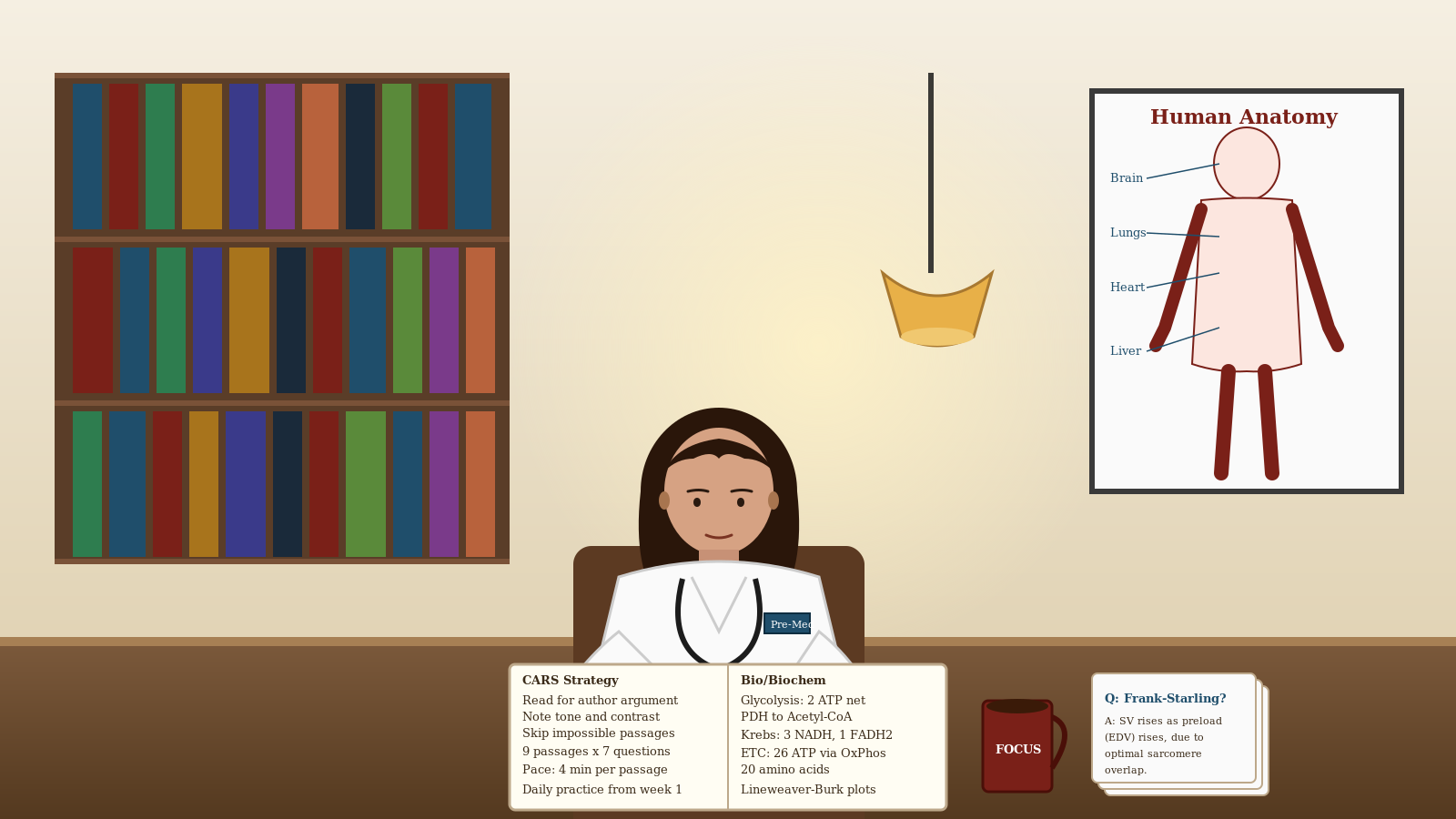 Premed student studying MCAT with anatomy poster and flashcards