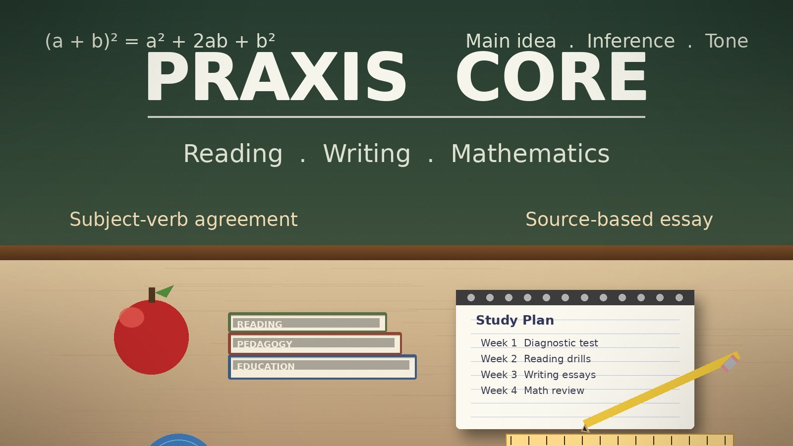 Classroom chalkboard with the words Praxis Core and the three subtests Reading Writing Mathematics, above a teacher's desk with an apple, education books, a Study Plan notebook with a pencil, ruler, and globe