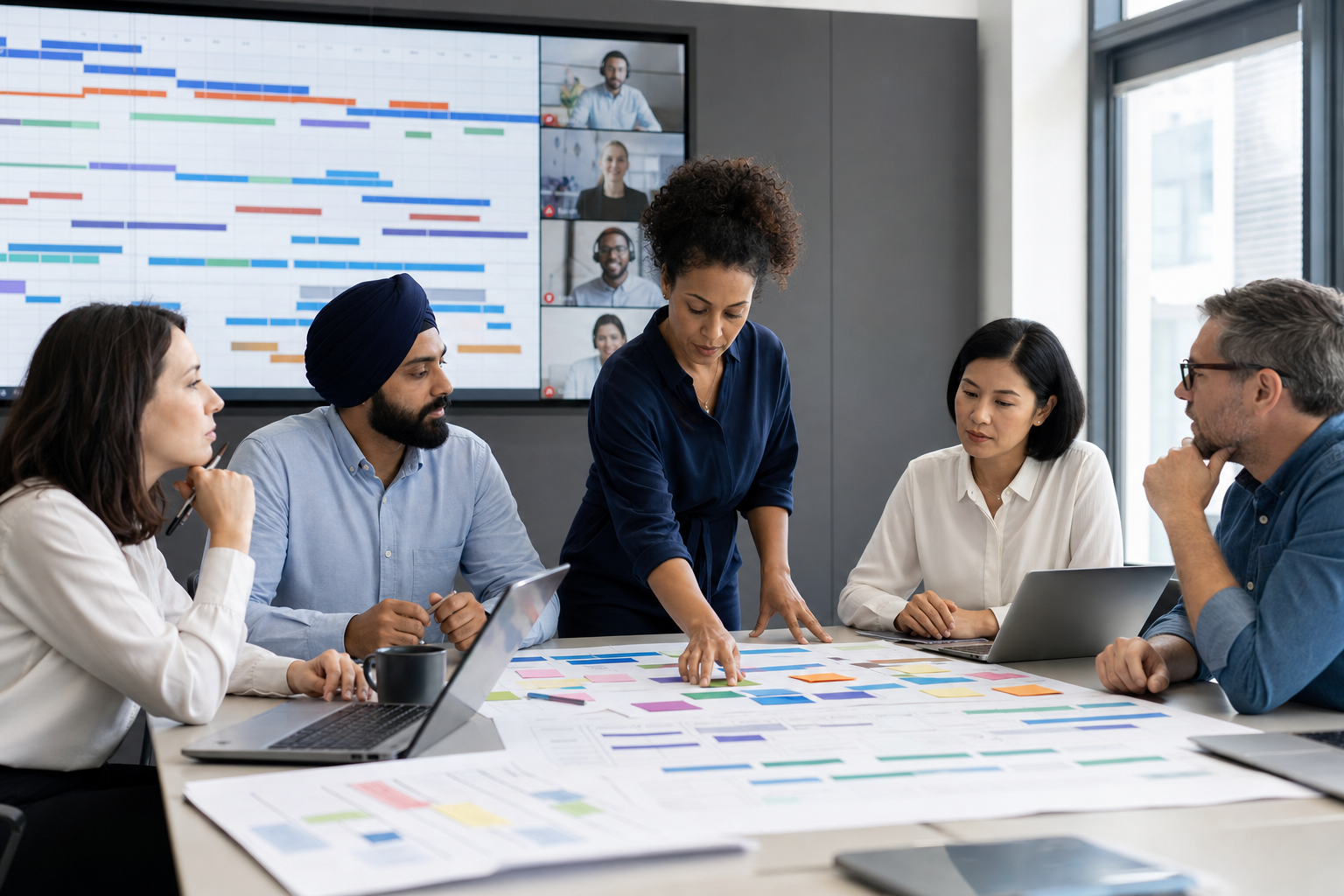 Diverse scheduling team coordinating a distributed project timeline